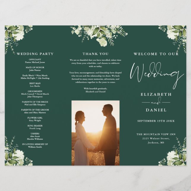 Programa de Boda Trifold Floral Verdor Esmeralda (Frente)