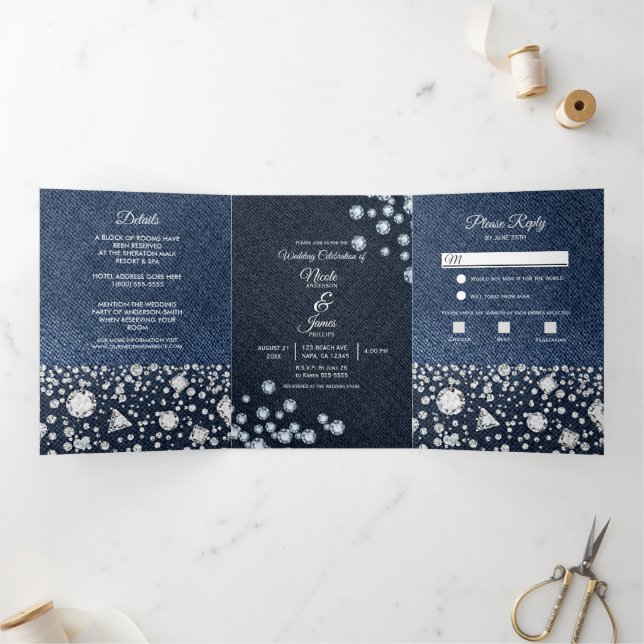 Programa de Boda Trifold Glam Blue Denim y Diamant (Interior)