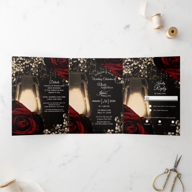 Programa de Boda Trifold Linterna Rústica Rosas Ro (Interior)