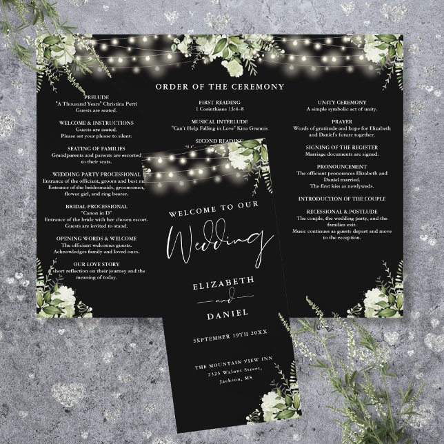 Programa de Boda Trifold Luces de Cadena de Verdor (Greenery String Lights Trifold Wedding Program Flyer)