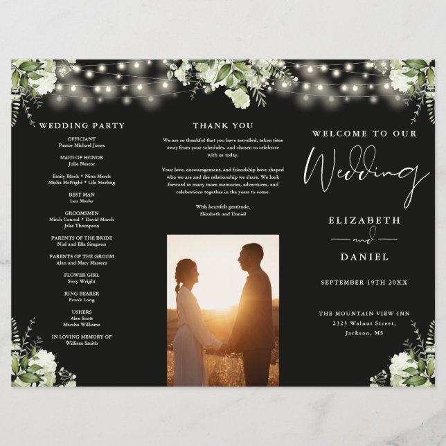 Programa de Boda Trifold Luces de Cadena Verde (Frente)
