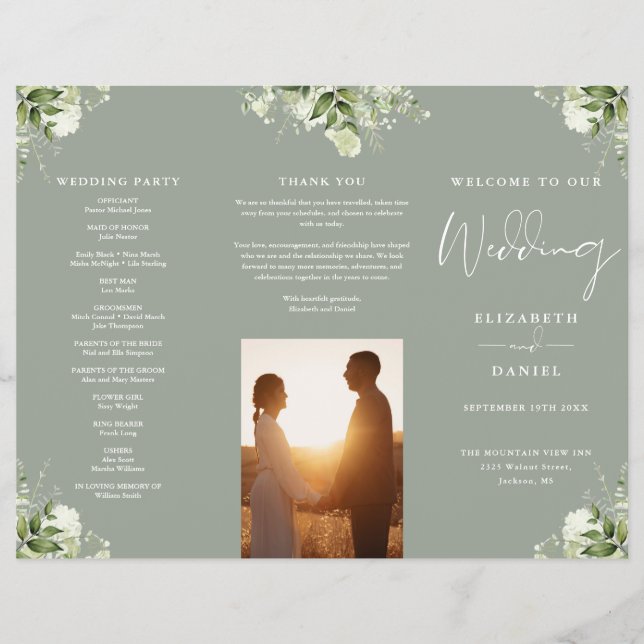 Programa de Boda Trifold Verde Salvia Floral Verde (Frente)