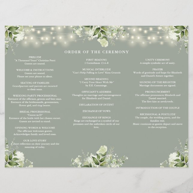 Programa de Boda Trifold Verde Salvia Luces Verdes (Atrás)