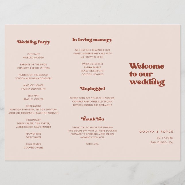 Programa de Boda Trifolio Rosa Melocotón Retro con (Atrás)