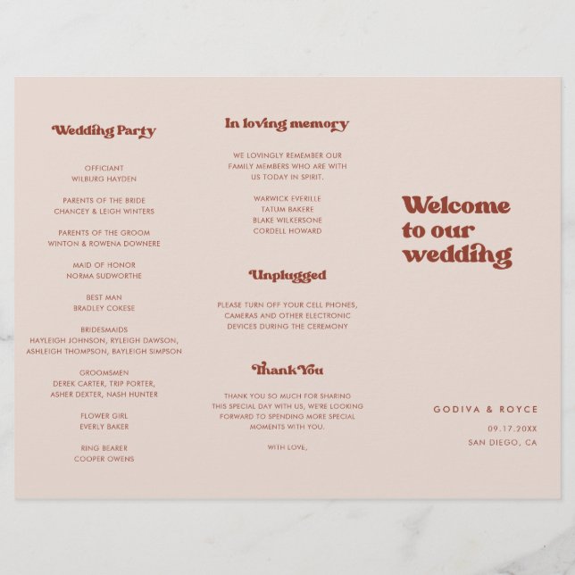 Programa de Boda Trifolio Rosa Melocotón Retro con (Atrás)