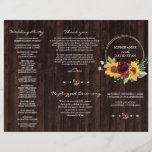 Programa de Boda Triple Fold Wedding de Burgundy S<br><div class="desc">Diseño elegante y de moda con rosas burdeos de color agua y disposición de girasoles, marco redondo de color oro falso, divisor floral, todo ello sobre un antiguo granero de madera. Utilice la herramienta Personalize para agregar su información. Se pueden encontrar artículos coincidentes en mi colección de girasoles de Rosas...</div>