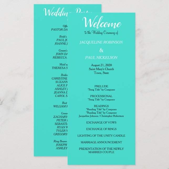 Programa de Boda Turquesa (Anverso / Reverso)