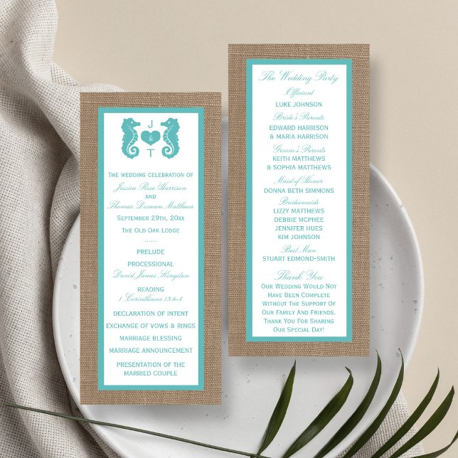 Programa de Boda Turquoise Seahorse Burlap Beach (Subido por el creador)