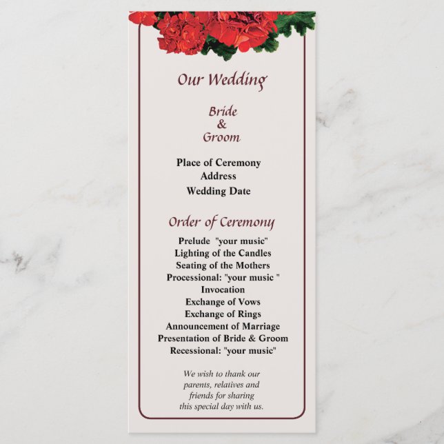 Programa de Boda Varias Geranios Rojos (Anverso)
