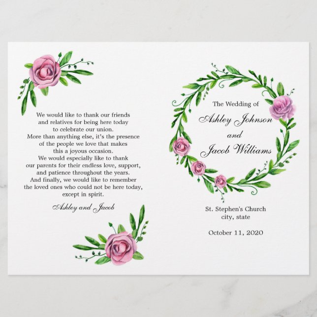 Programa de boda verde. Ceremonia de iglesia de ve (Anverso)