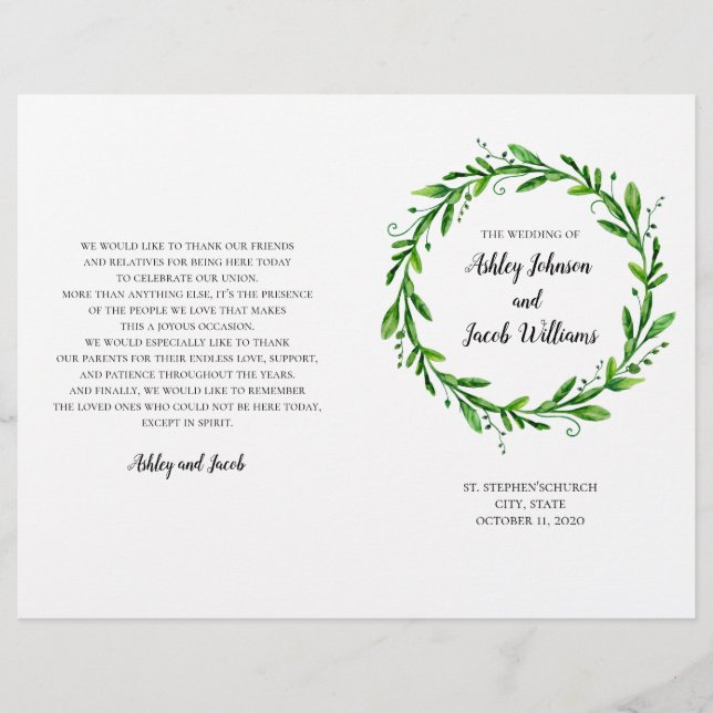 Programa de boda verde. Ceremonia de verano en la  (Anverso)