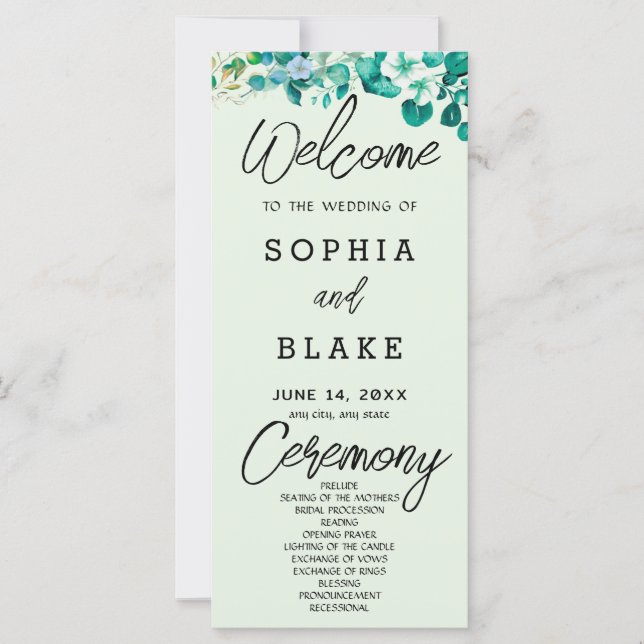 Programa de Boda Verde Claro con Flores Blancas y  (Anverso)