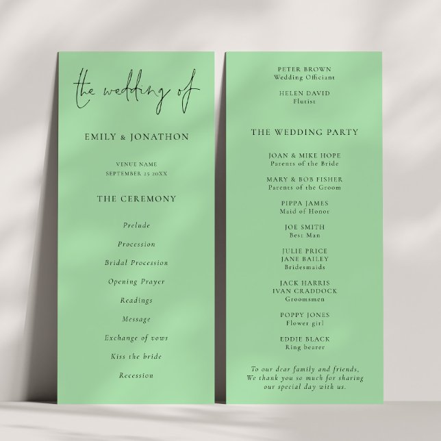 Programa de Boda Verde con guión moderno (Front and back view)