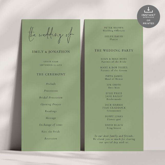 Programa de Boda Verde con guión moderno (Front and back view)