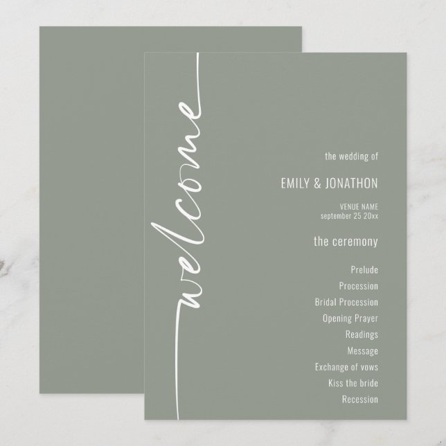 Programa de Boda Verde de Caligrafía Rotada (Anverso / Reverso)