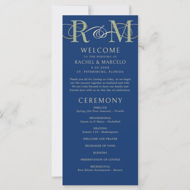 Programa de Boda Verde de la Marina Oliva Monogram (Anverso)