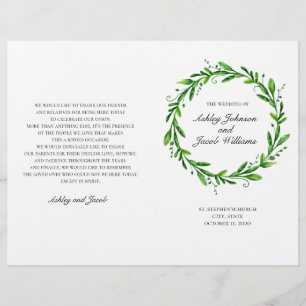 Programa de boda verde doblado. Botánica acuarela