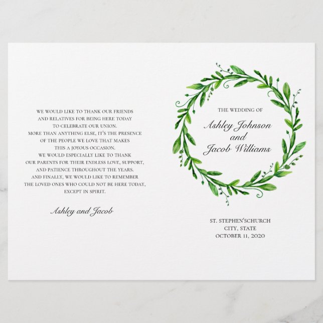 Programa de boda verde doblado. Botánica acuarela (Anverso)