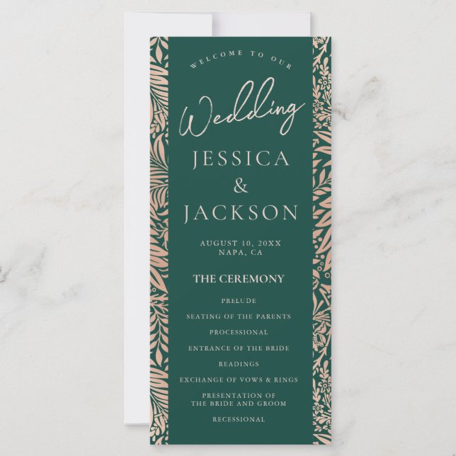Programa de Boda Verde Esmeralda y Dorado Rosa (Anverso)