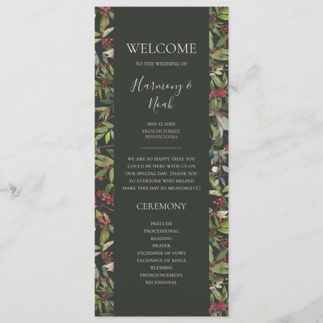 Programa de Boda Verde Oscura Botánica de Moda de  (Anverso)
