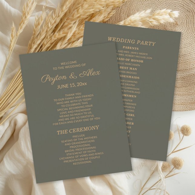 Programa de Boda Verde Oscuro Salvia para la Fiest (Olive/sage green 2-sided wedding program including the wedding party.)