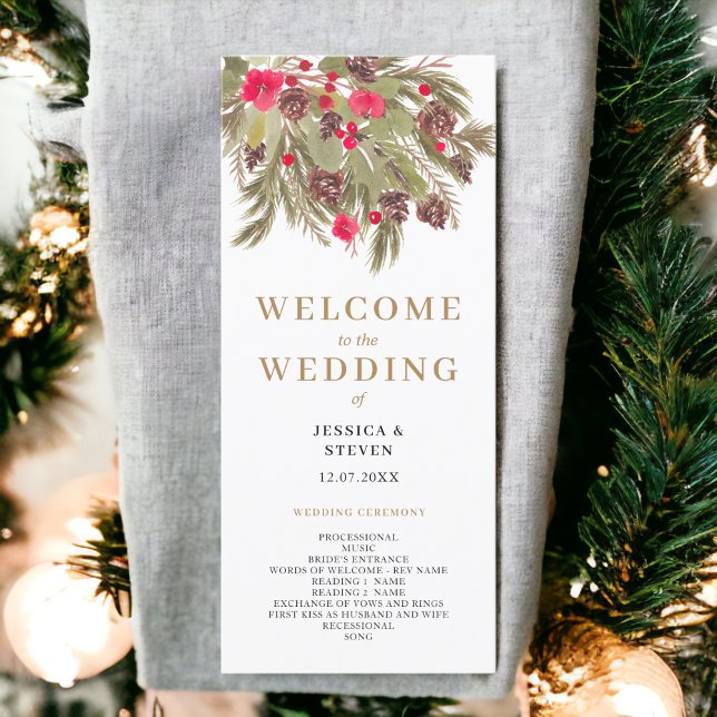 Programa de boda verde rojo de la elegancia del pi (Winter pine elegance red green wedding program)