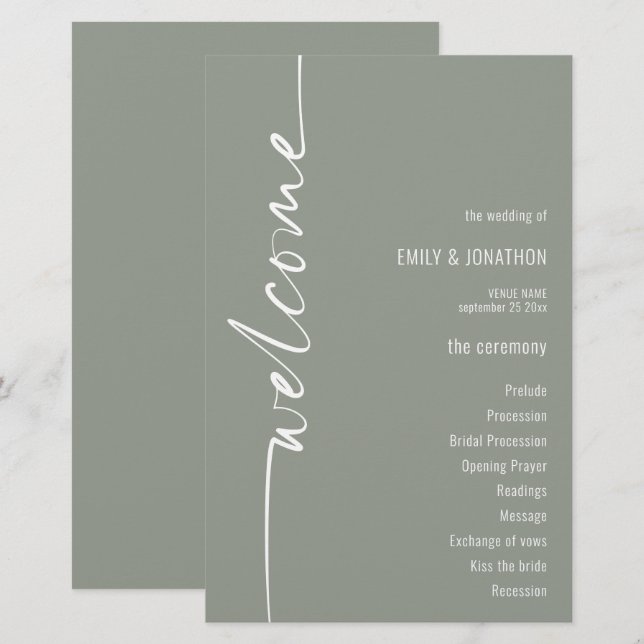 Programa de Boda Verde Sage de Caligrafía Presupue (Anverso / Reverso)