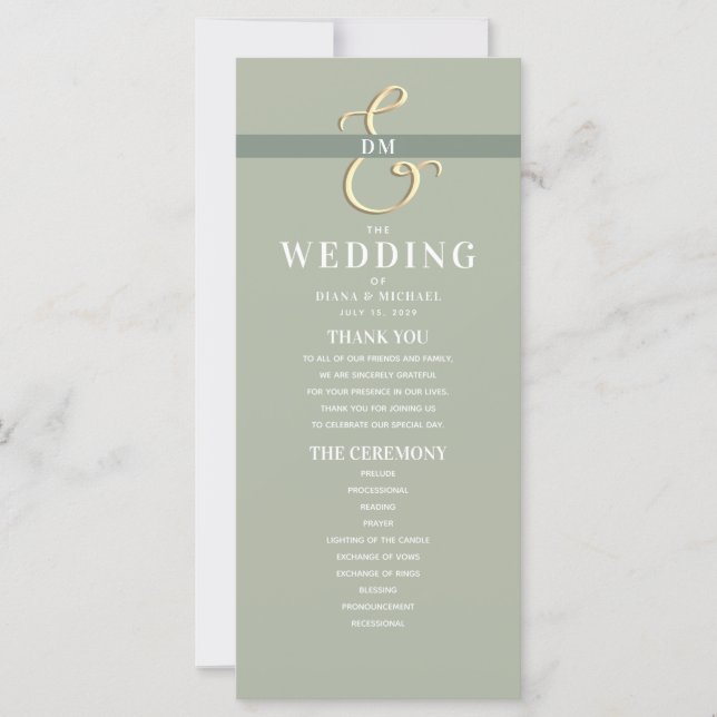 Programa de Boda Verde Sage Monograma (Anverso)