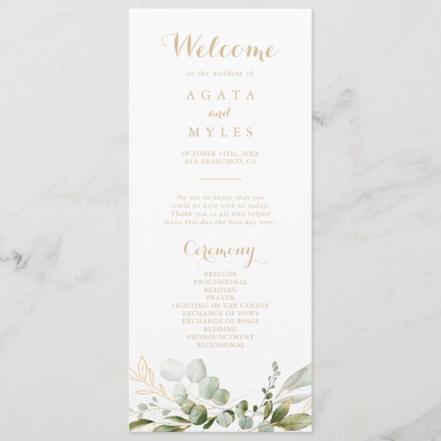 Programa de Boda Verde Salvia Eucalipto Dorado (Anverso)