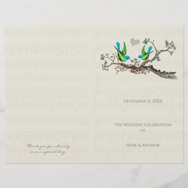 Programa de Boda Vintage Birds Azul y Verde (Anverso)
