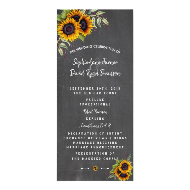 Programa de Boda Watercolor Sunflowers Chalkboard (Frente)