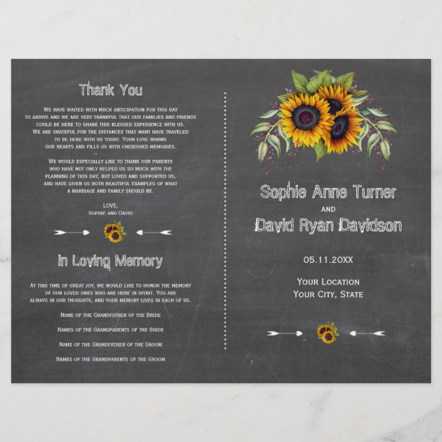 Programa de Boda Watercolor Sunflowers Chalkboard (Frente)