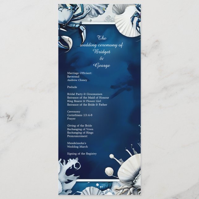 programa de boda y menú con ambiente costero azul  (Reverso)