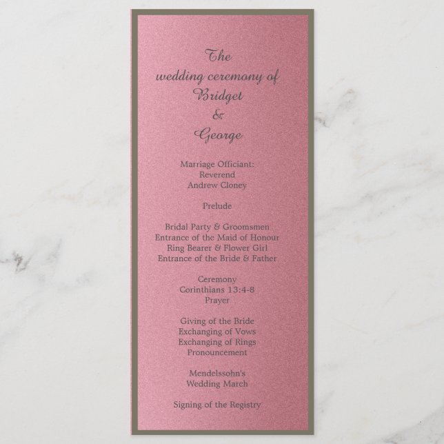 programa de boda y menú de purpurina rosa de ensue (Reverso)