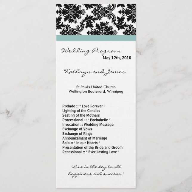 Programa de bodas 4x9 - Azul Damask negro (Anverso)