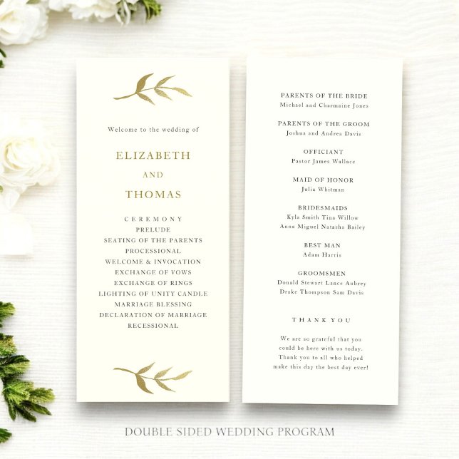 programa de bodas a medida de marfil y oro (modern elegant ivory and gold double sided wedding program  template thats easy to customize )