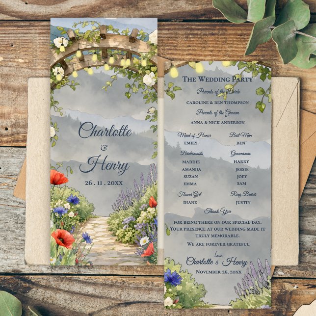 Programa de Bodas al Aire Libre en Jardín de Flore (Wildflower Garden Arbor Rustic Outdoor Wedding Ceremony Program)