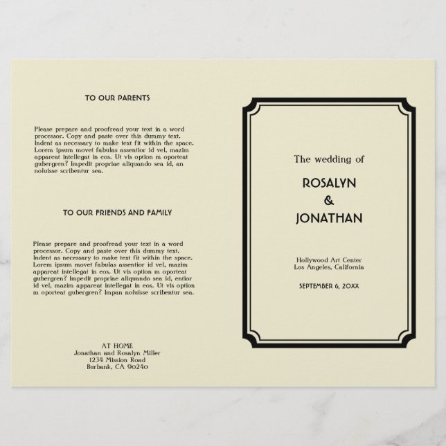 Programa de bodas Art deco retro Hollywood Glam (Anverso)