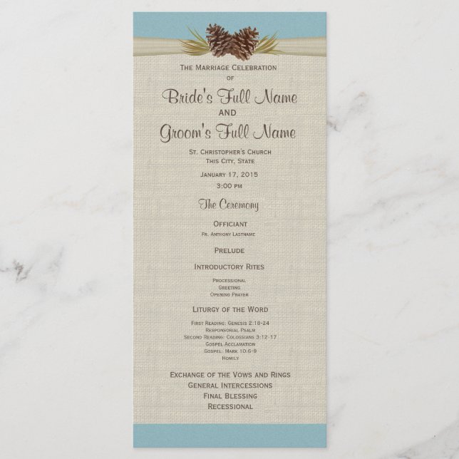 Programa de Bodas Azules de Pino y Burlap (Anverso)
