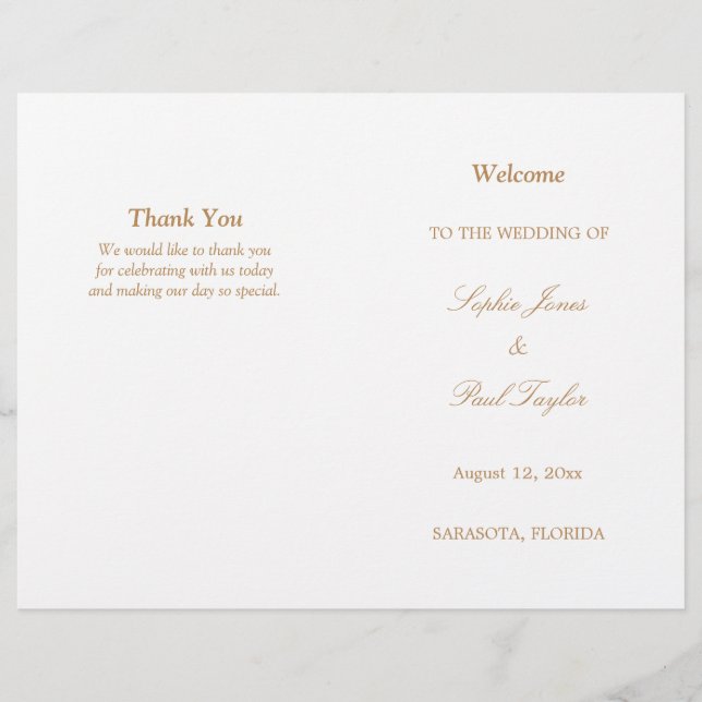 Programa de Bodas Bi-Fold con Guión Beige Dorado (Anverso)