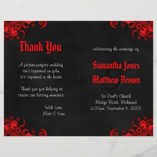 Programa de Bodas Bi-Fold de Gótico Floral Negro y (Anverso)
