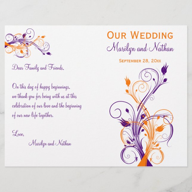 Programa de bodas | Blanco morado Naranja | Floral (Anverso)