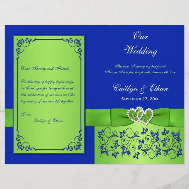 Programa de Bodas Blue, Green Floral Hearts (Anverso)
