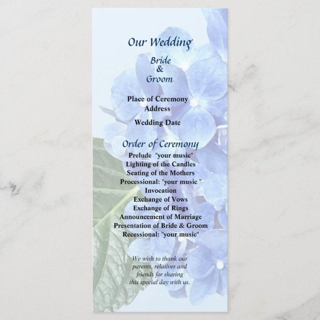 Programa de bodas Blue Hydrangea (Anverso)