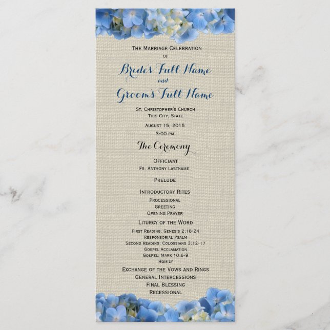 Programa de bodas Blue Hydrangea y Burlap (Anverso)