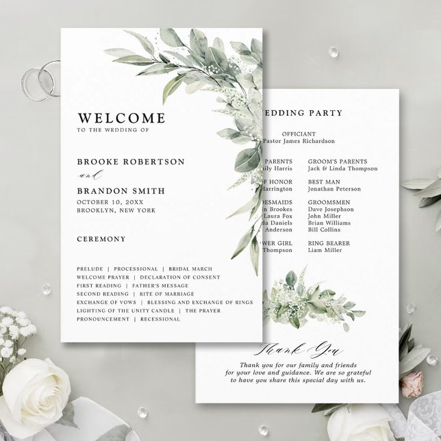 Programa de bodas botánicas de eucalipto verde sag (Sage green eucalyptus botanical budget wedding program)