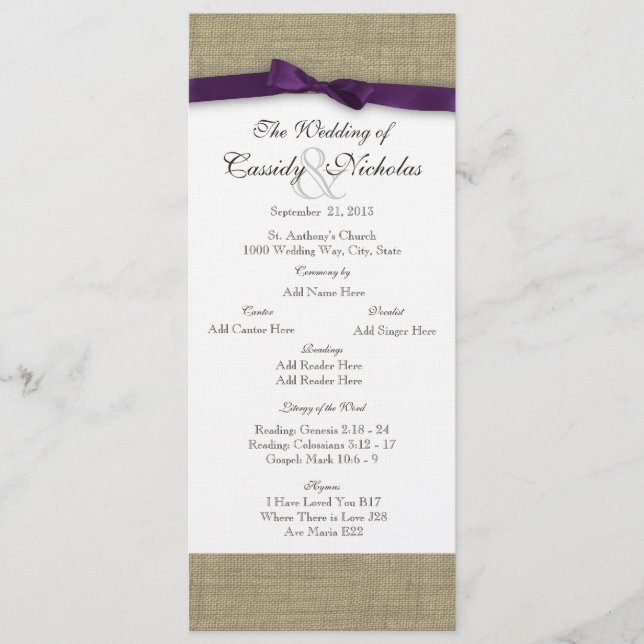 Programa de Bodas Burlap y Purple Bow (Anverso)