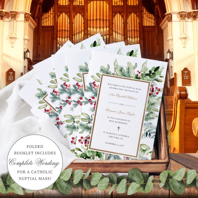 Programa de Bodas Católicas Ava Navidades Greenery (Ava Catholic wedding mass program for a Christmas or winter wedding)