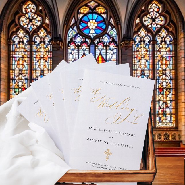 Programa de Bodas Católicas de la Masa de Jane Gol (Simple Catholic wedding program for full mass with  elegant gold, calligraphy script and cross)