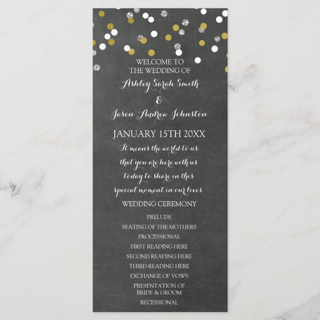 Programa de Bodas Chalkboard Gold Silver Confetti (Anverso)